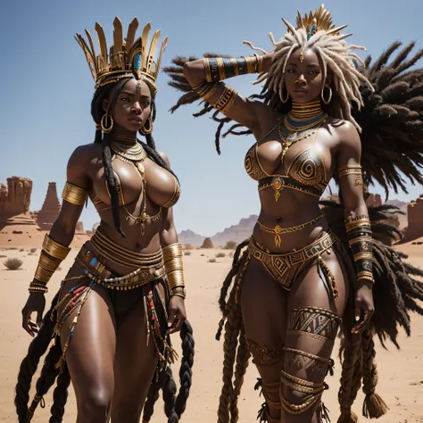 black woman, African warrior tribal clothing, The African Queen, Muscular female body, Big Tits, big ass, In a desert, dreadlocks, White hair, Amazon, armor, tribal tattoos on body, golden tribal crown