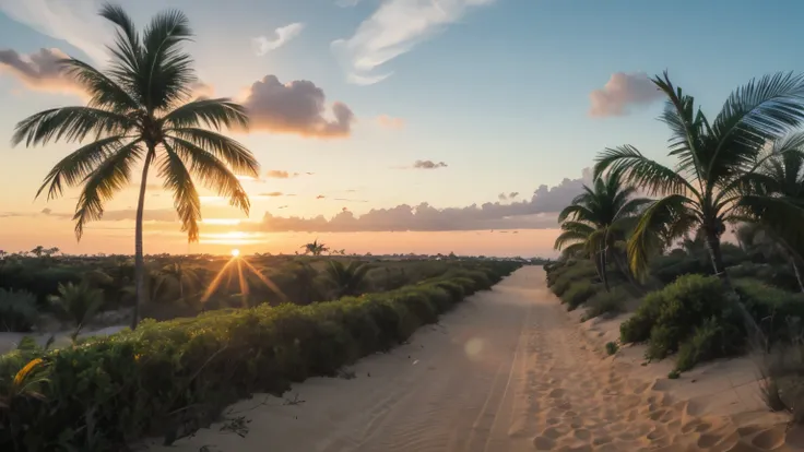 uma longa estrada em solo de areia, flanked by several palm trees , suas folhas simulam ventania, and in the center of the path the sun sets on the horizon, sunset with sky in pastel tones