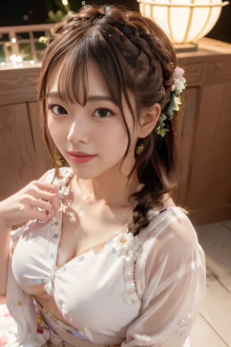 (beautiful mature adult woman),(flower hair ornament,floral braided top knot,twisted side part ponytail,floral braided headband,half up、floral braided space buns,voluminous fishtail braid,Twisted pan,),(The bangs are see-through bangs),very delicate and be...