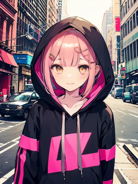 1 girl、vivid colors、A sparkling smile、yellow eyes、 pink gold short bob、bangs above the eyebrows、short bangs、、shiny hair、beautiful skin、One fine day、((Streets of New York))、wearing the hood of a hoodie、