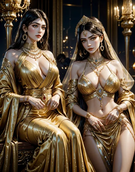 "courtesans of the achaemenid empire, in their resplendent attire, embodying the opulence and cultural richness of one of histor...