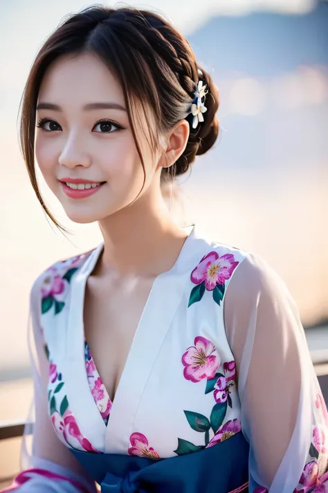 (beautiful mature adult woman),(flower hair ornament,floral braided top knot,twisted side part ponytail,floral braided headband,half up、floral braided space buns,voluminous fishtail braid,Twisted pan,),(The bangs are see-through bangs),very delicate and be...