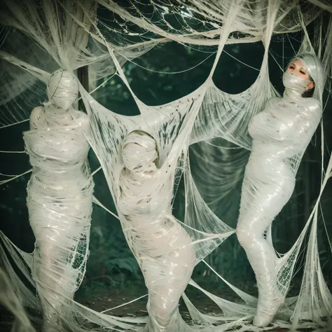 1girl,web covered with dew, dimly lit, eerie atmosphere, dark colors, dusty chalkboard, old desks and chairs, broken windows, torn textbooks, abandoned spiders nest, 2 students in the background studying diligently, rays of sunlight filtering through the c...