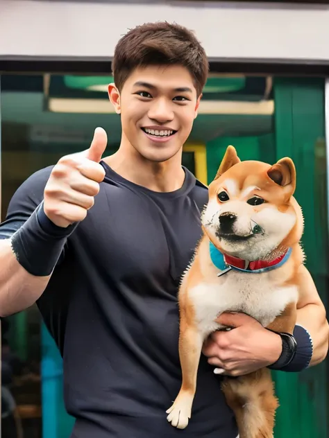 professional photos of [(((buff swoledoge))):buff swoledoge:8], cute  shiba inu，a manly macho man giving a thumbs up or petting ...