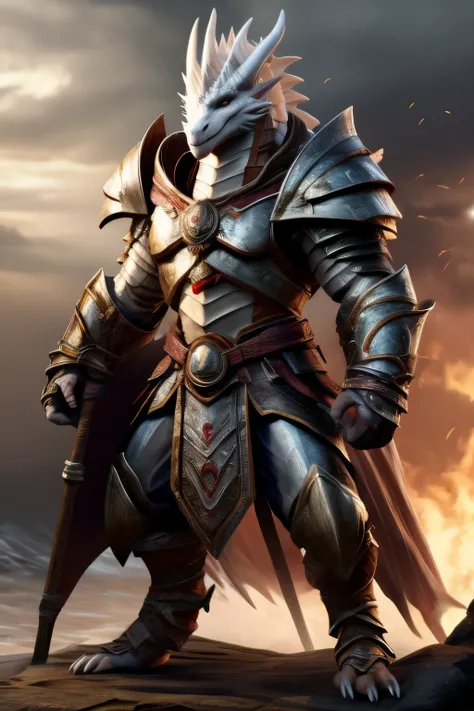 ((best quality)), ((masterpiece)), (detailed),perfect face, white dragon, big armor, standing, big shield, lance