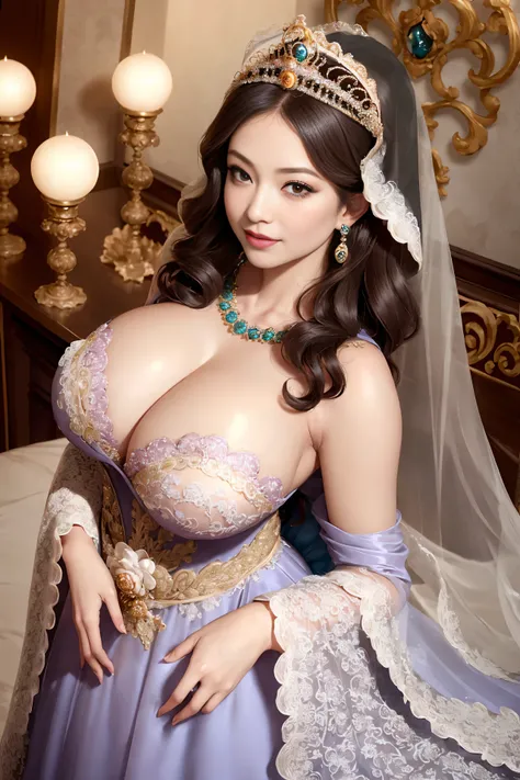 Beautuful Women、MILF、beautiful feminine beauty、(Huge breasts:1.2)、wearing a gorgeous veil、(Wearing a gorgeous rococo princess ball gown:1.4)、Wear voluminous full-length pieces adorned with embroidery and jewels、Wearing gorgeous gemstone jewelry、She is wear...