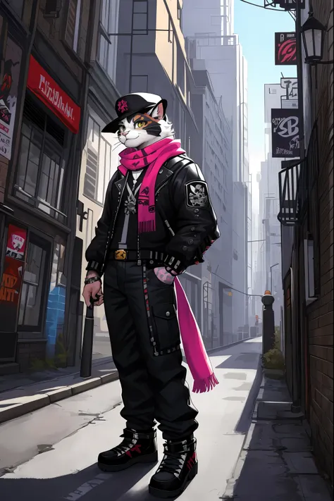 a painting of a cat wearing a hat and scarf, trending in the art station, dressed in punk clothes, detailed hyper realistic rendering, british gang member, street style, intimidating pose, planet of the cats, clothes with fashion, urban samurai, meow, west...