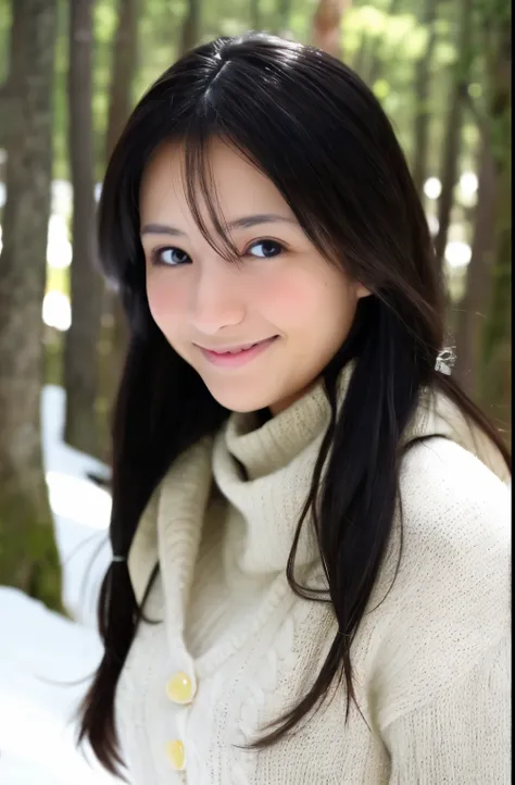 (masterpiece、high resolution),one woman,Sweater with open chest,big breasts,butt,thin,beautiful face,double eyelid,no makeup,smile,embarrassing,medium long hair,black hair,black eye,from below,Mountain,forest,Mysterious,high quality,realistic,Perfect Japan...