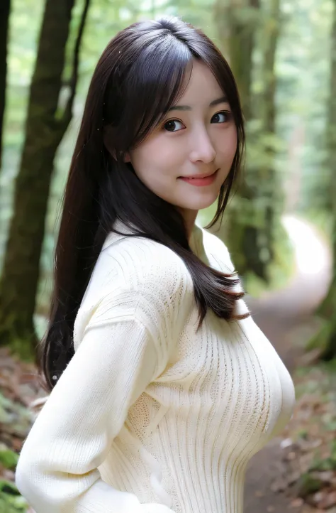 (masterpiece、High resolution),one woman,Sweater with open chest,big breasts,butt,thin,beautiful face,double eyelid,no makeup,smile,embarrassing,medium long hair,black hair,black eye,from below,Mountain,forest,Mysterious,high quality,realistic,perfect japan...