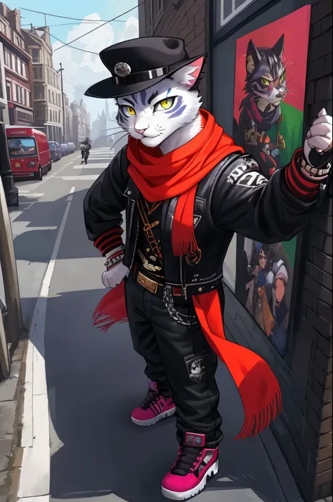 a painting of a cat wearing a hat and scarf, trending in the art station, dressed in punk clothes, detailed hyper realistic rendering, british gang member, street style, intimidating pose, planet of the cats, clothes with fashion, urban samurai, meow, west...