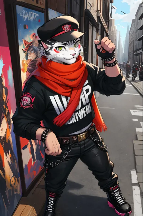 a painting of a cat wearing a hat and scarf, trending in the art station, dressed in punk clothes, detailed hyper realistic rendering, british gang member, street style, intimidating pose, planet of the cats, clothes with fashion, urban samurai, meow, west...