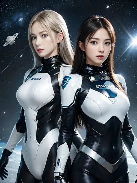 space sheriff gavan dynamic、2 white female members、slender muscular body、silver steel body、blue eyes shine、space background