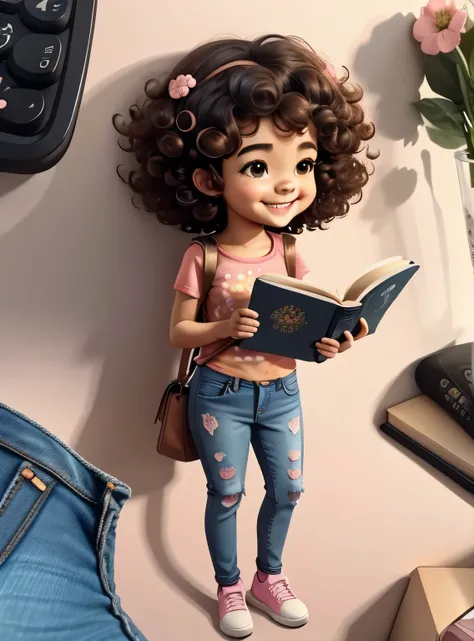 Generate image of a bonitinho , curly hair standing full body, ansioso, segurando o livro, sorridente; jeans e camiseta floral rosa, alta qualidade, com fundo png, 16K, clear image , bonitinho