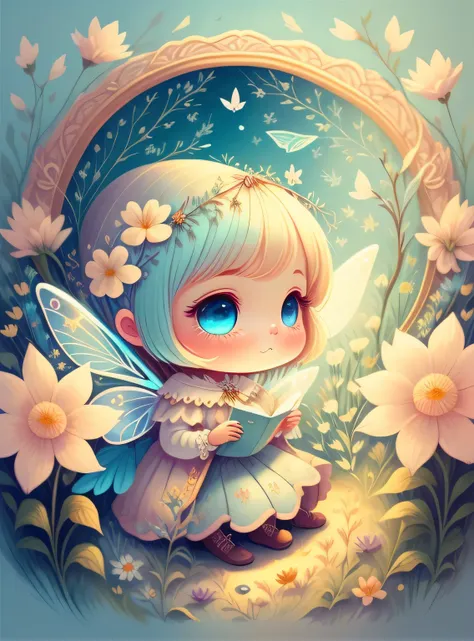 Bonito, cabelos de cores claras, olhos azuis claros, teia, a fairy tale illustration, Uma obra-prima sob luz brilhante, arte deslumbrante, flores! A arte da magia, arte de conto de fadas, arte inspiradora, obras de arte requintadas