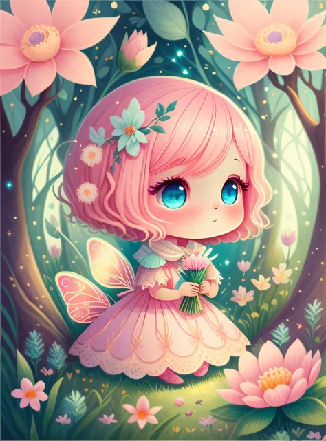 Bonito, cabelo rosa cores claras, olhos azuis claros, teia, a fairy tale illustration, Uma obra-prima sob luz brilhante, arte deslumbrante, flores! A arte da magia, arte de conto de fadas, arte inspiradora, obras de arte requintadas