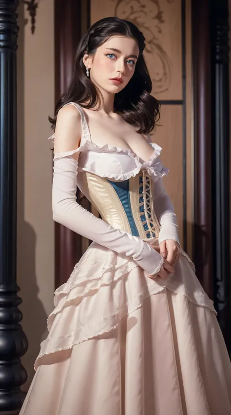 Masterpiece, perfect long legs, corset, large pink and white Victorian dress, wavy black hair, blue eyes, inside a castle, standing, elegant, small pointy nose, pretty