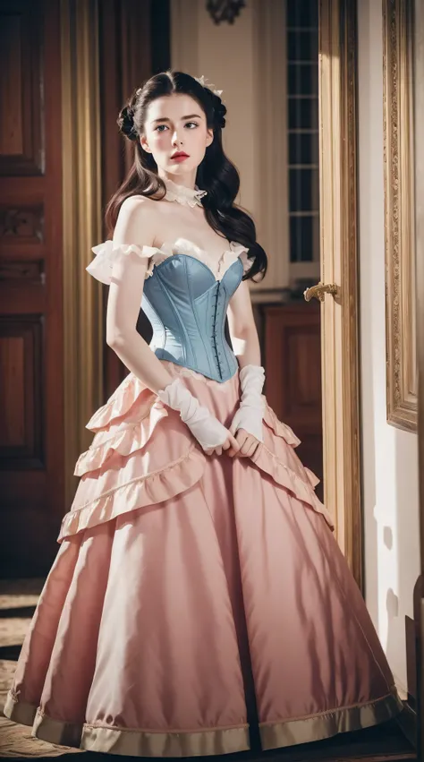 Masterpiece, perfect long legs, corset, large pink and white Victorian dress, wavy black hair, blue eyes, inside a castle, standing, elegant, small pointy nose, pretty