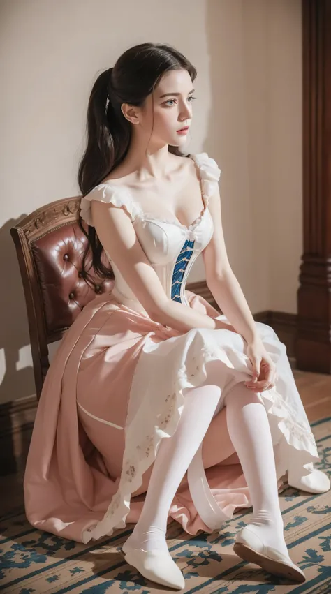 Masterpiece, perfect long legs, corset, large pink and white Victorian dress, wavy black hair, blue eyes, inside a castle, sitting, elegant, small pointy nose, pretty, white tights