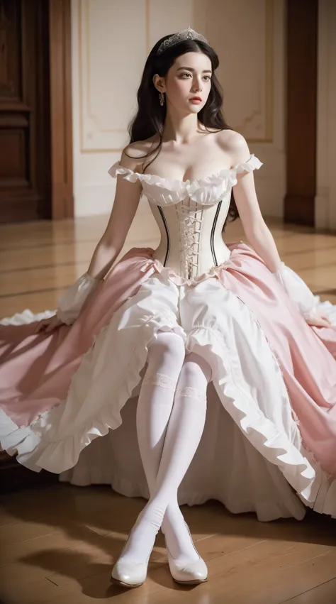 masterpiece, perfect long legs, corset, large pink and white victorian dress, wavy black hair, blue eyes, inside a castle, sitti...