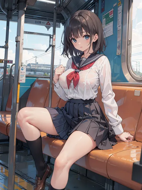 1 woman, thighs, sitting on train, school uniform, realistic, raw photo, white shirt, pleated skirt, black short socks, roafer, medium hair, bangs, looking at viewer, best quality, large breast, （squeezing breast）,