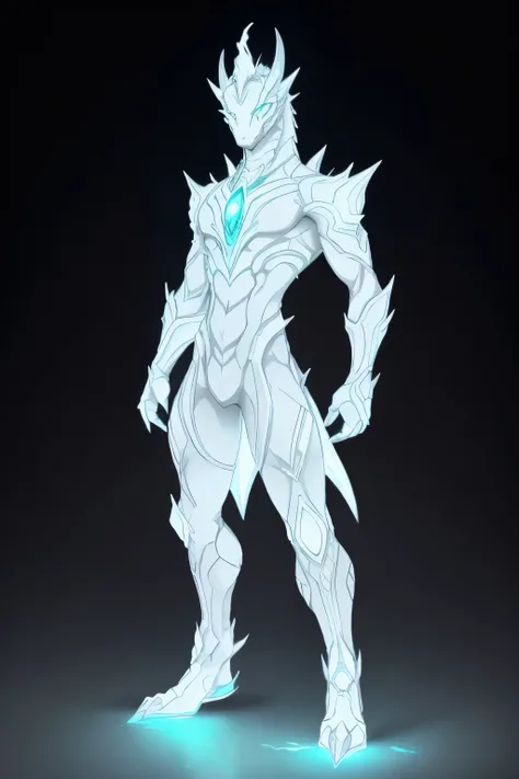 a drawing of a character, full body dragon concept, male anthro dragon, detailed full body, human and dragon fusion, monster character design art, light gray dragon, white moon eyes, a pair of sickles, white glowing aura, calm expression, white calm aura, ...