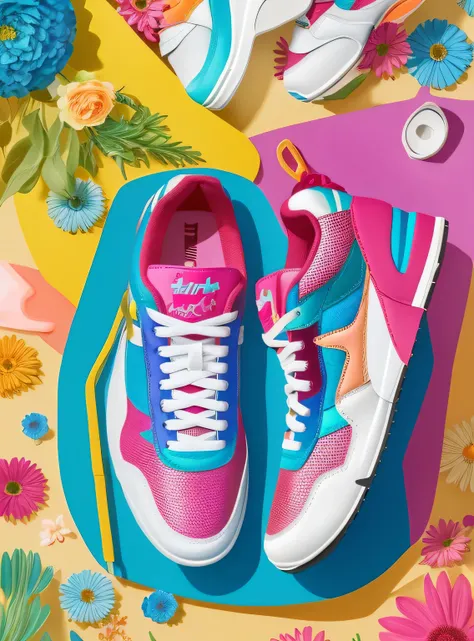 the colorida abstract of sneakers, flores, fundo de itens de garagem, (colorida, altamente detalhado, arte vetorial) Cores pastel