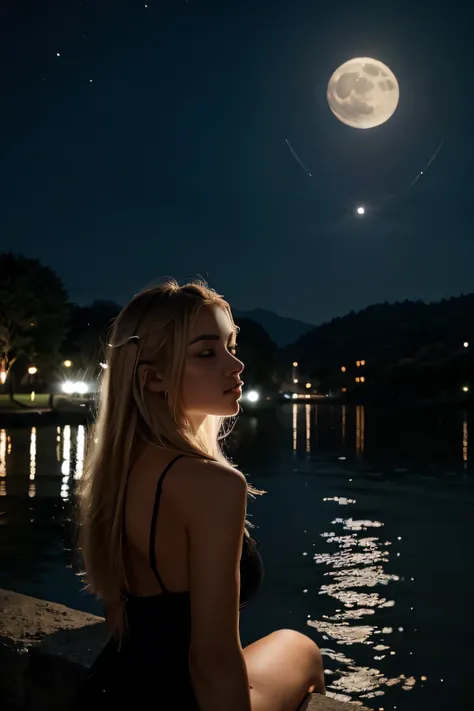 "The moon hangs high in the sky, its white brilliance a stark contrast to the darkness that surrounds it. Its presence happy girl blonde hair with sunglasses back view brings a sense of peace and wonder to the world below." The reflection of the moon appea...