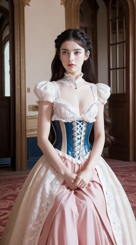 Masterpiece, perfect long legs, corset, large pink and white Victorian dress, wavy black hair, blue eyes, inside a castle, sitting, elegant, small pointy nose, pretty, princess