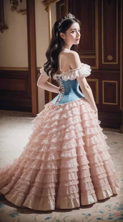 Masterpiece, perfect long legs, corset, large pink and white Victorian dress, wavy black hair, blue eyes, inside a castle, sitting, elegant, small pointy nose, pretty, princess