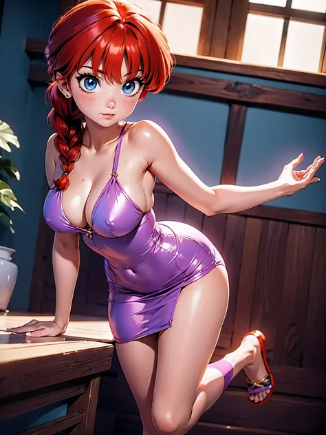 Garota anime ruiva com vestido de casamento purple longo, 16 anos, corpo bonito, seios grandes, with your hands behind your head, running your hands through your hair, garota sexy, red hair with braid, gorgeous lighting, sombras suaves, olhos azuis, pernas...