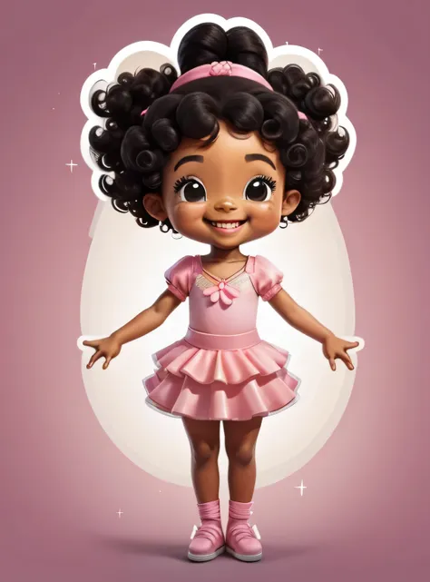 Generate image of a bonitinho little black ballet dancer, curly hair standing full body, sorridente; vestido rosa, alta qualidade, com fundo png, 16K, clear image , bonitinho