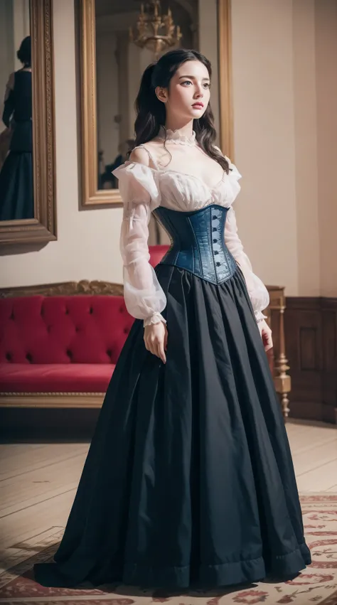 Masterpiece, perfect long legs, corset, large pink and white Victorian dress, wavy black hair, blue eyes, inside a castle, standing, elegant, small pointy nose, pretty, princess