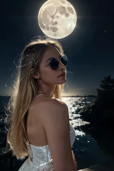 distance from view, angle view, "The moon hangs high in the sky, its white brilliance a stark contrast to the darkness that surrounds it. Its presence happy girl blonde hair with sunglasses back view brings a sense of peace and wonder to the world below." ...