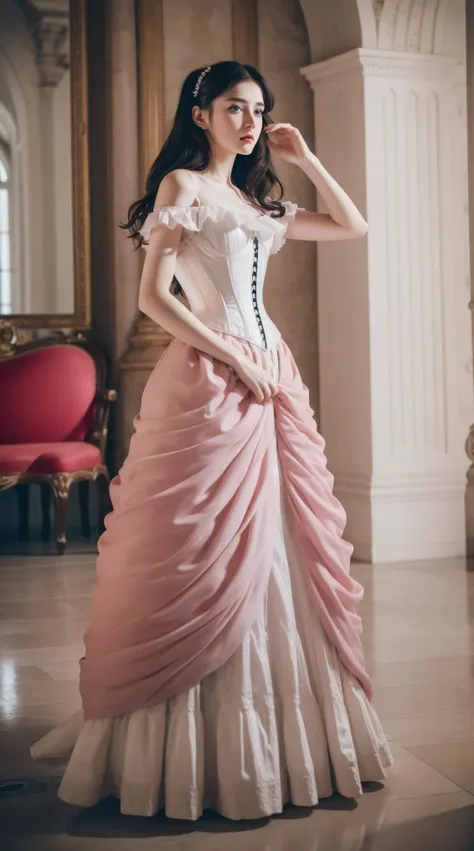 Masterpiece, perfect long legs, corset, large pink and white Victorian dress, wavy black hair, blue eyes, inside a castle, standing, elegant, small pointy nose, pretty, princess