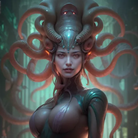 (1 beautiful and obscene female alien:1.4), (There is a female genital-like organ in the middle of her forehead:1.95), She has medusa-like hair, (there are lots of translucent tentacles from her head like her hair:1.5), (vulgarity1.7), (she is looking down...