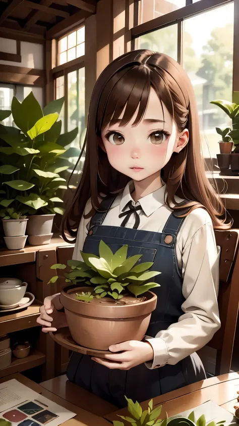 portrait、miniature photo style、one girl、focus on girl、brown hair、shortcut、large aquarium、aquarium、foliage plant、succulent plants...