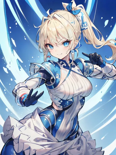 girl,((blonde)),(Side ponytail tied around the temporal lobe:1.2),(hair tied together),(blue ribbon at the knot:1.2),((Clear blue eyes)),((fighting pose:1.2)),((A tight-fitting costume that looks like a battle suit:1.4)),((Fighting game style:1.3)),((A tri...