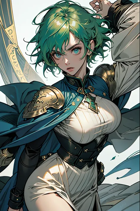 25 year old woman, whole body, Defined medium green hair and realistic silhouette, eyes fixed on the front camera, wrapped in a blue cape and a hyper detailed metal armor, all in a FULL HD 8K quality of high definition, ultra detailed definition.