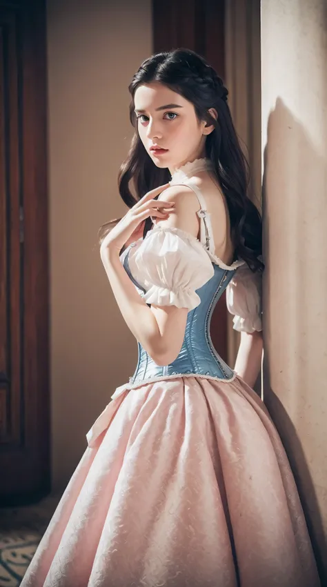 masterpiece, perfect long legs, corset, large pink and white victorian dress, wavy black hair, blue eyes, inside a castle, stand...