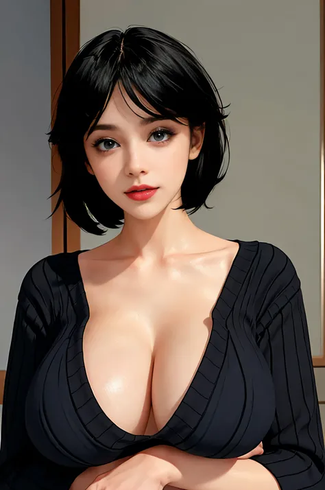 secretary glasses,face portrait, ((Very Intense Makeup)), smiling, ((red lipstick)), ((woman in makeup)), short hair, black hair,Voluptuous Woman, white blouse, gray vest, gray formal pants, glasses,((huge breasts,)), cleavage,)))((mujer madura de 35 años)...