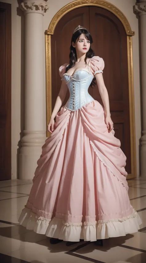 Masterpiece, perfect long legs, corset, large pink and white Victorian dress, wavy black hair, blue eyes, inside a castle, standing, elegant, small pointy nose, pretty, princess