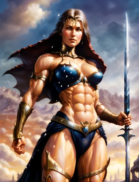 Nahaufnahme einer Frau Kriegerin, holding a sword, Boris Vallejo Kunststil, muscular warriors, Fantasiefrau, Fantasy-Stadt Hintergrund