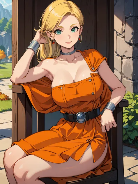 Show your armpits,masterpiece, highest quality, dq bianca, single blade, earrings, choker, orange cloak, green dress, belt, looking at the viewer, big breasts, sitting, Chair, Pouch, autumn, smile 