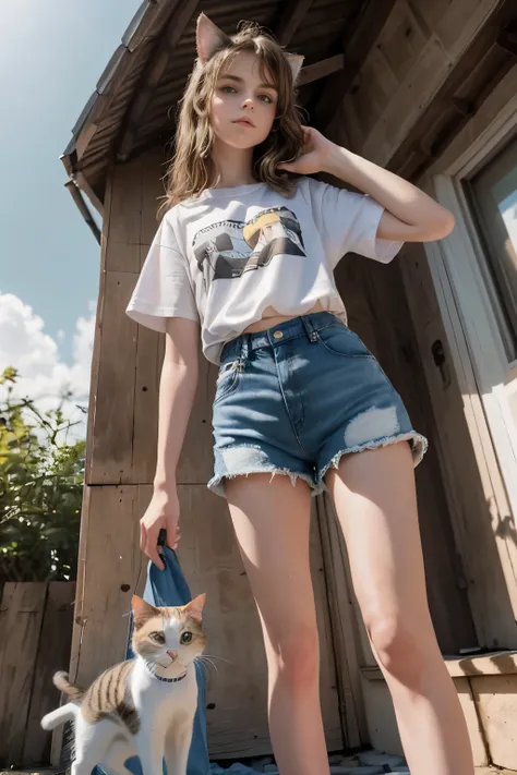 masterpiece, best quality, hyperrealistic, cinematic photo, 12 year old catgirl, pale skin, American amazing slim body, ((White t-shirt with the drawing of a cat on it)), ((denim shorts)), converse shoes, short brown wavy hair, perfect slender legs, wide h...