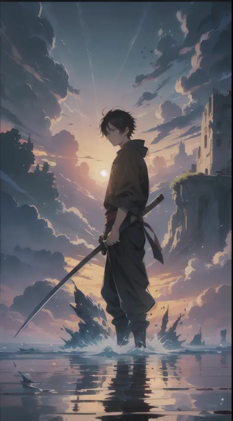 anime poster of a young man with a katana standing in the water, dark brown hair, full color illustration, full color digital illustration, anime poster, key art, full color manga cover, rob rey and kentaro miura style, official anime key visual, handsome ...