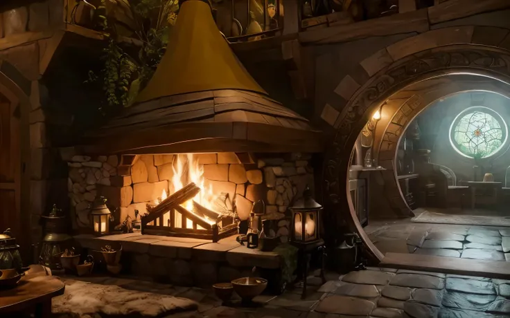 grande lareira na casa de madeira do hobbit. Uma sala cheia de objetos, uma mesa com mercadorias, kettle and cup of coffee, uma estante ao lado da lareira, e no final, um lindo vitral, uma sala de objetos detalhados (Do it better, MAIS DETALHADO)