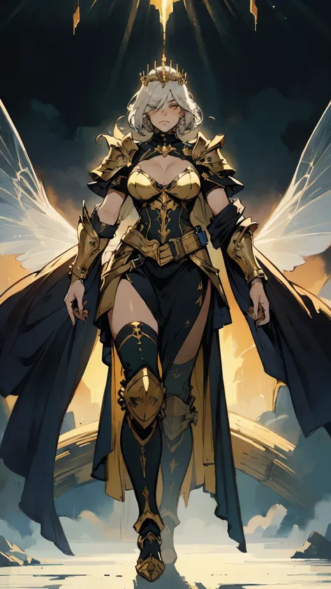 A woman adorned in fantasy-style full-body armor, a crown-concept fully enclosed helmet that unveils only her eyes, a composite layered chest plate, fully encompassing shoulder and hand guards, a lightweight waist armor, form-fitting shin guards, the overa...