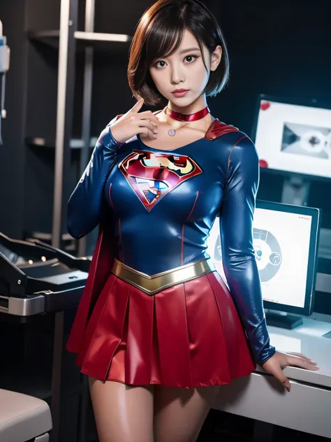 masterpiece、supergirl costume、short hair、Crisis situation、barefoot、big and full breasts、operating room、operating table、straddle、damaged、shiny costume、choker、red mini skirt、long sleeve、looking at camera、seductive gesture、