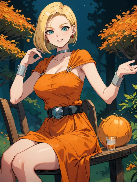 (Show your armpits),masterpiece, highest quality, dq bianca, single blade, earrings, choker, orange cloak, ((green dress)), belt, looking at the viewer, big breasts, sitting, Chair, Pouch, autumn, smile 