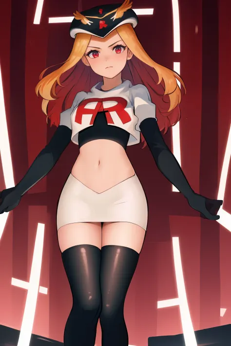 masterpiece, best quality, CG, wallpaper, HDR, high quality, high-definition, extremely detailed, potc, looking at viewer, team rocket,team rocket uniform,white skirt,red letter R,crop top,black thigh-highs,black elbow gloves